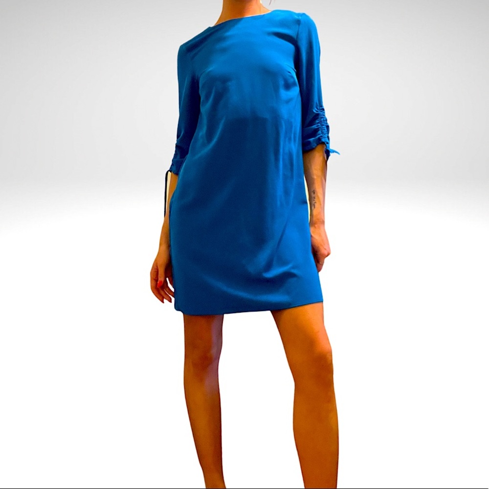 H&M BLUE TIE SLEEVE CHIFFON LINED DRESS WITH BUTTON BACK DETAIL